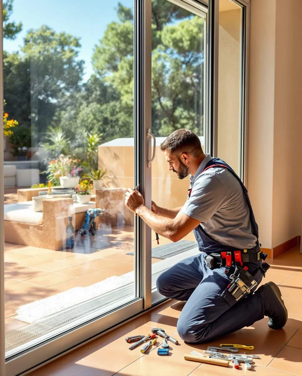 Technicien réparant une baie coulissante dans un pavillon à Argenteuil