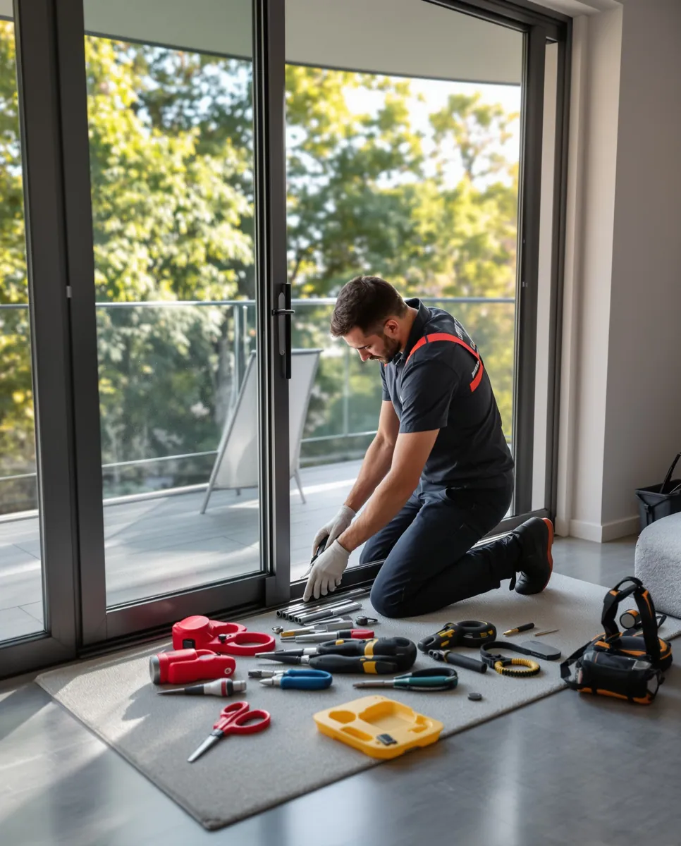 Technicien réparant une baie coulissante dans un appartement à Melun