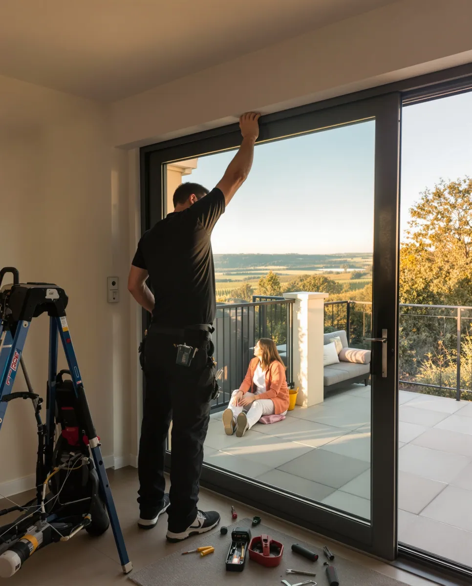 Technicien réparant une baie coulissante à Rennes