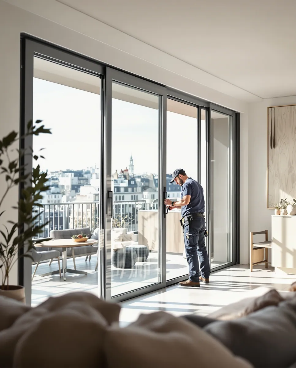 Technicien réparant une baie coulissante dans un appartement à Saint-Denis