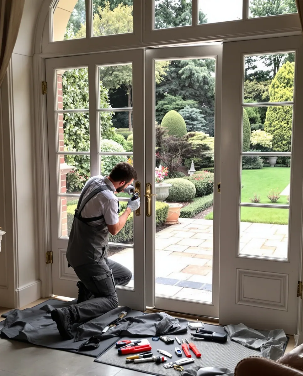 Technicien réparant une baie coulissante dans une résidence à Versailles